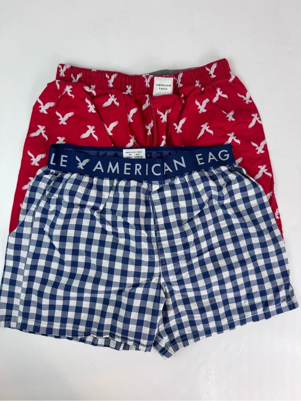 American Eagle men's boxer shorts BUNDLE blue plaid pattern AND Logo size S